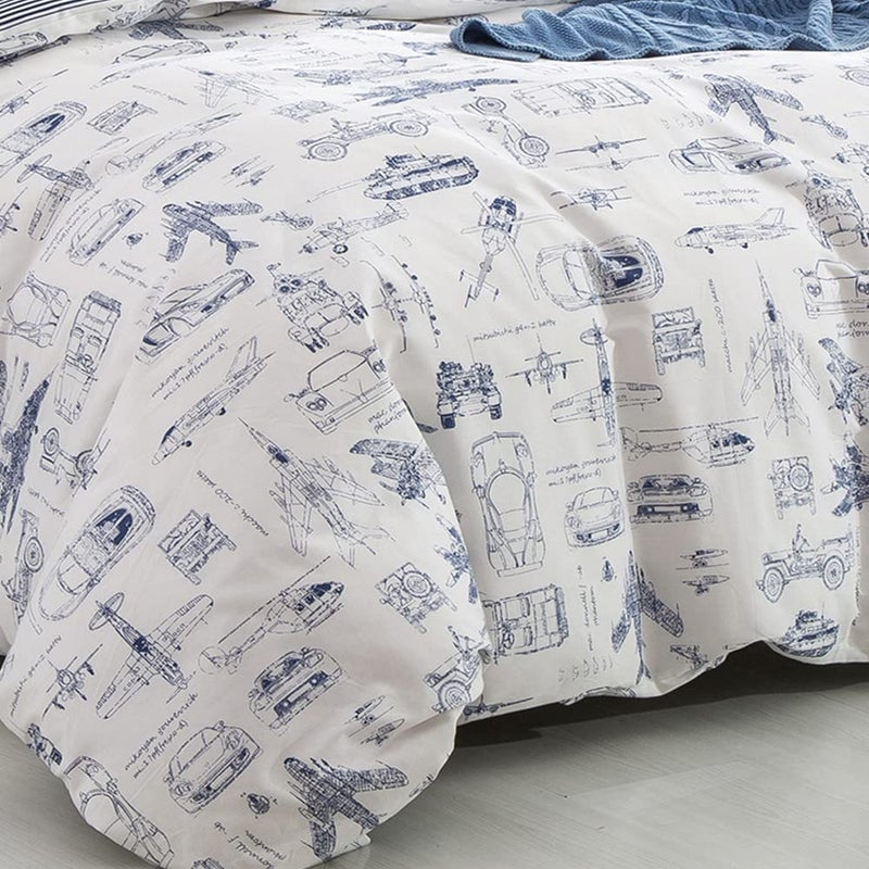 CLOTHKNOW Kids Queen Duvet Cover Sets 3Pcs White Blue Cars Bedding Sets Aircraft Vehicles Queen Duvet Cover Cartoon Bedding Comforter Cover Sets - Image 3